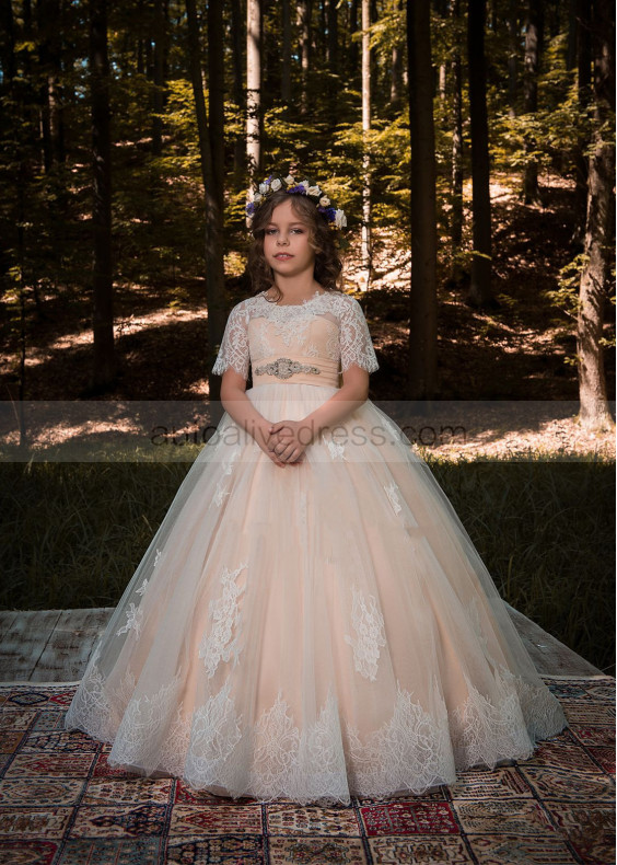 Short Sleeves Ivory Lace Tulle Long Flower Girl Dress With Beaded Sash